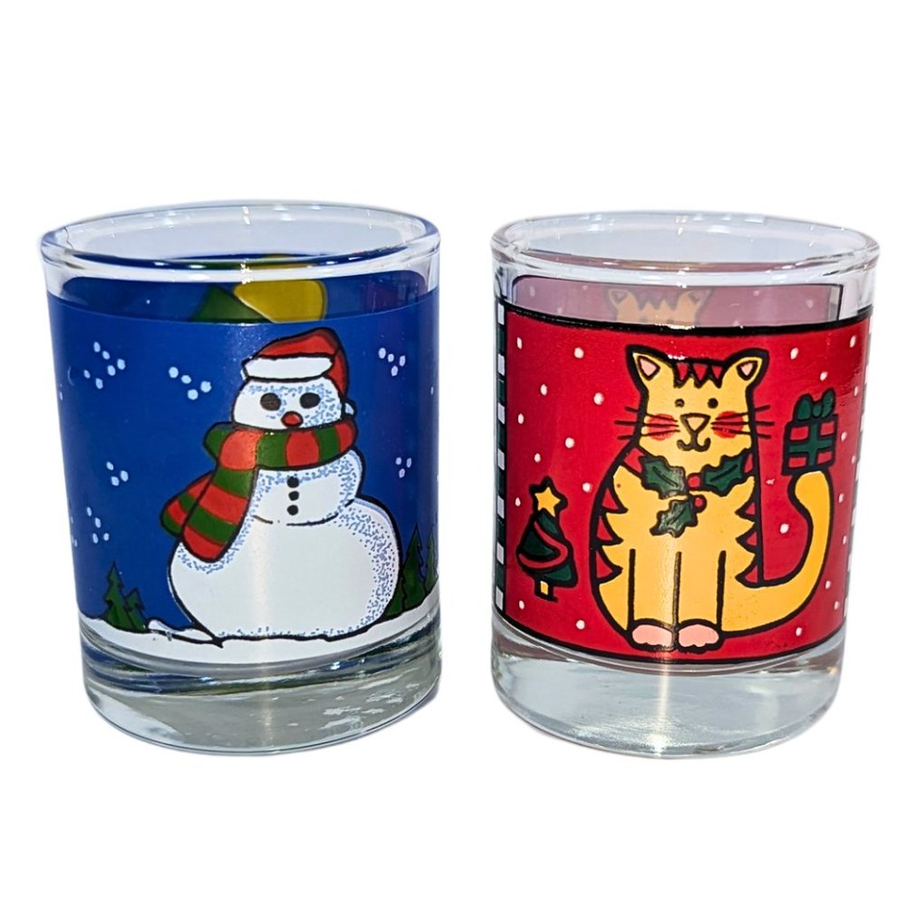 Anchor Hocking Glass Candle Votives - 2 Christmas Holiday Winter Snowman Cat